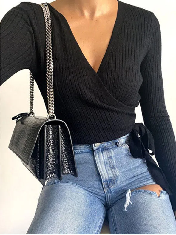 Oversized Tie Back Knitted Wrap Front Sweater Crop Tops