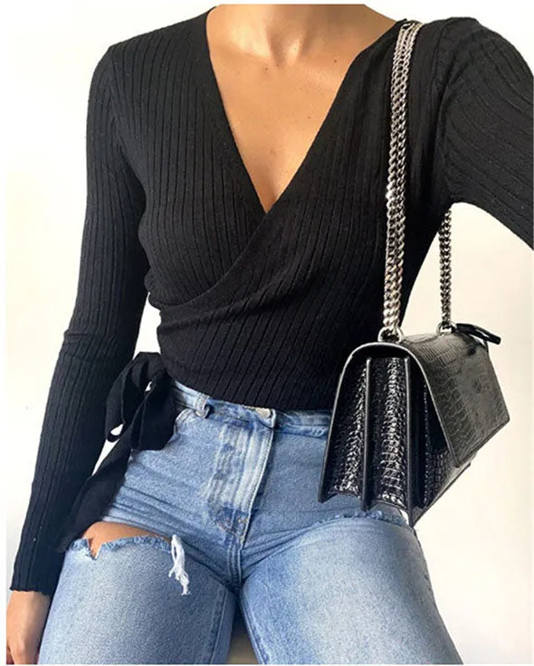 Oversized Tie Back Knitted Wrap Front Sweater Crop Tops