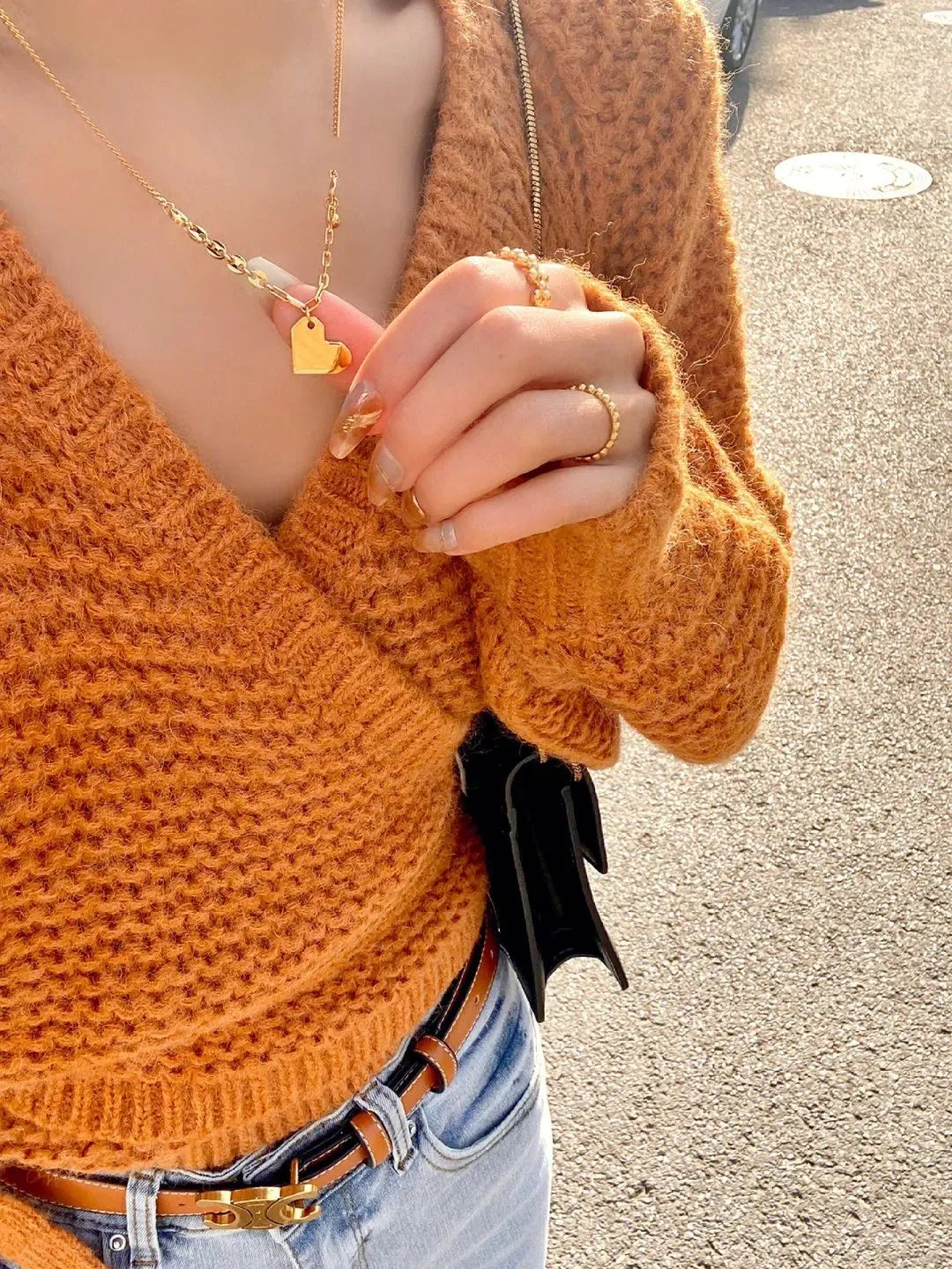 Oversized Tie Back Knitted Wrap Front Sweater Crop Tops