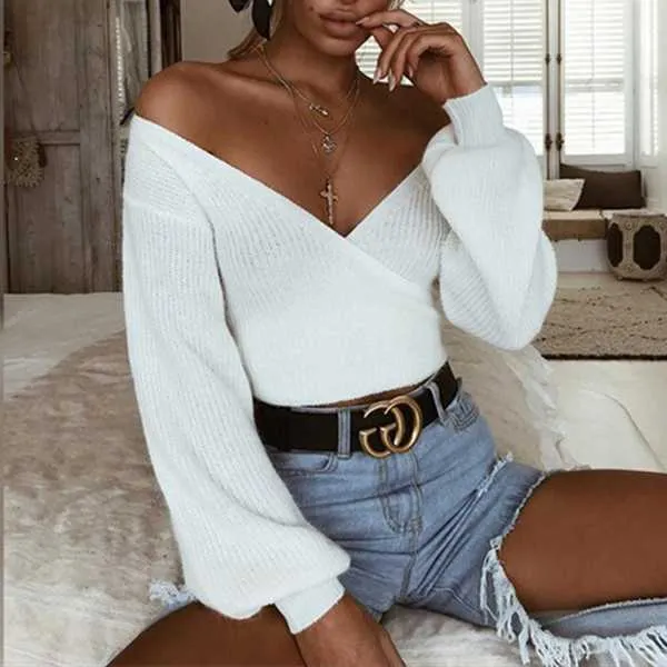 Oversized Tie Back Knitted Wrap Front Sweater Crop Tops