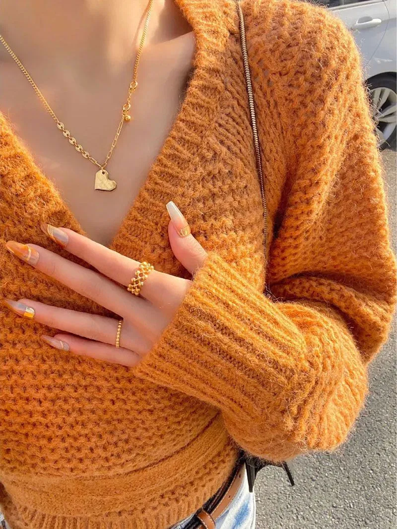 Oversized Tie Back Knitted Wrap Front Sweater Crop Tops