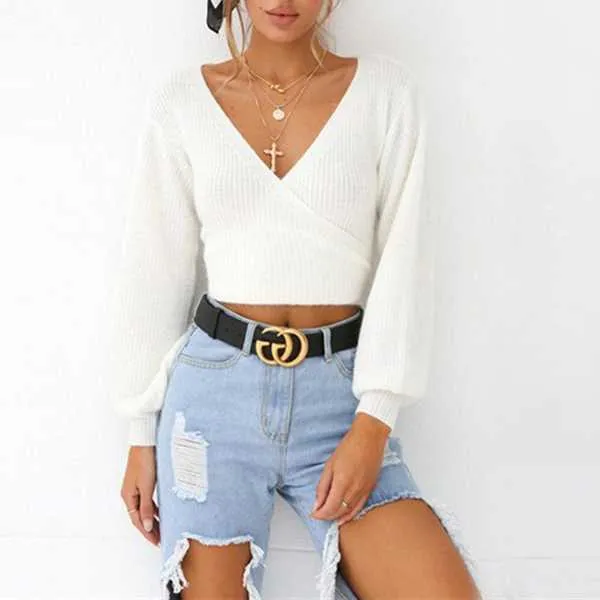 Oversized Tie Back Knitted Wrap Front Sweater Crop Tops