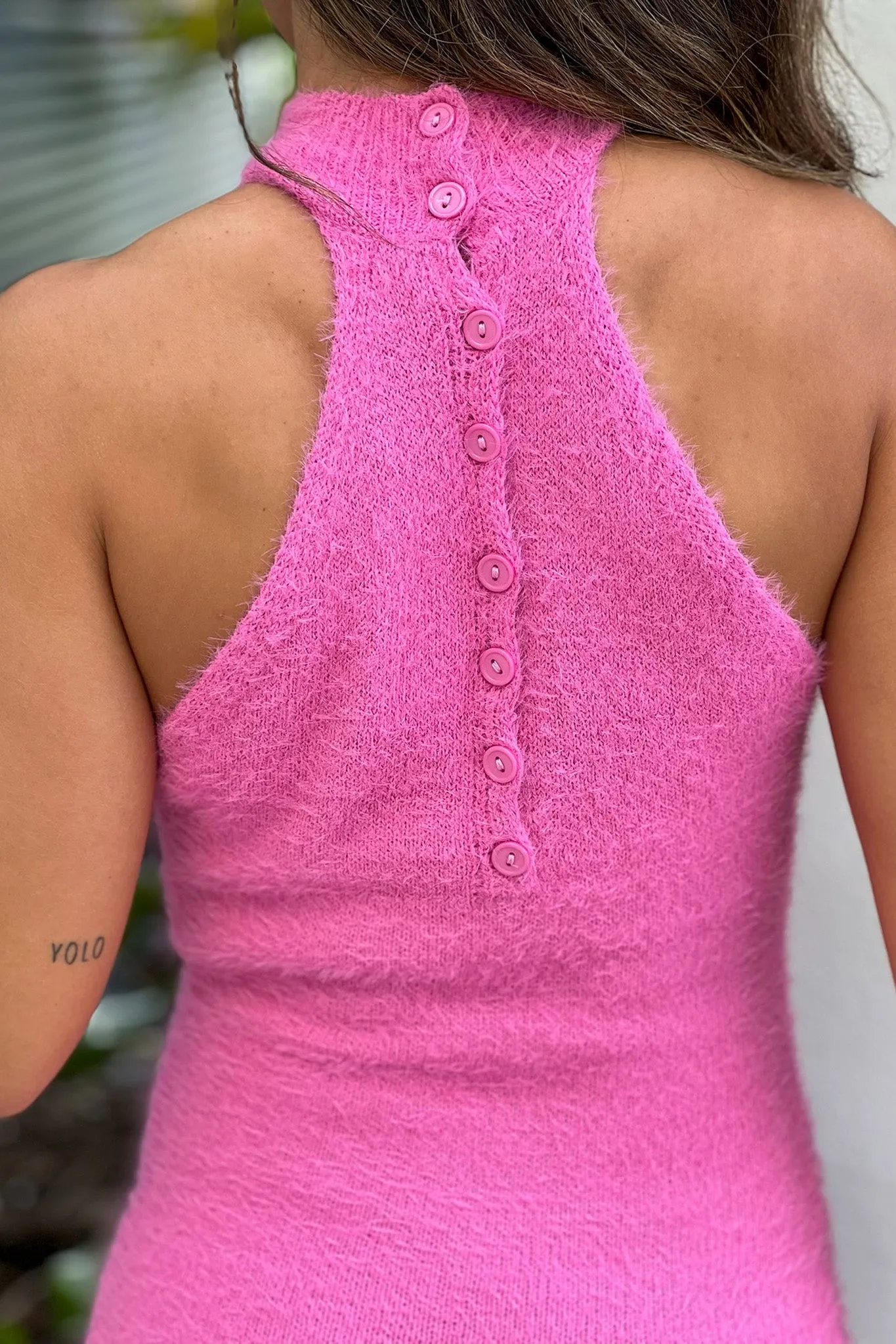 Pink Knit Midi Halter Dress With Back Buttons