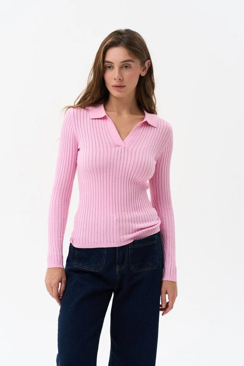 Pink Polo Collar Long Sleeve