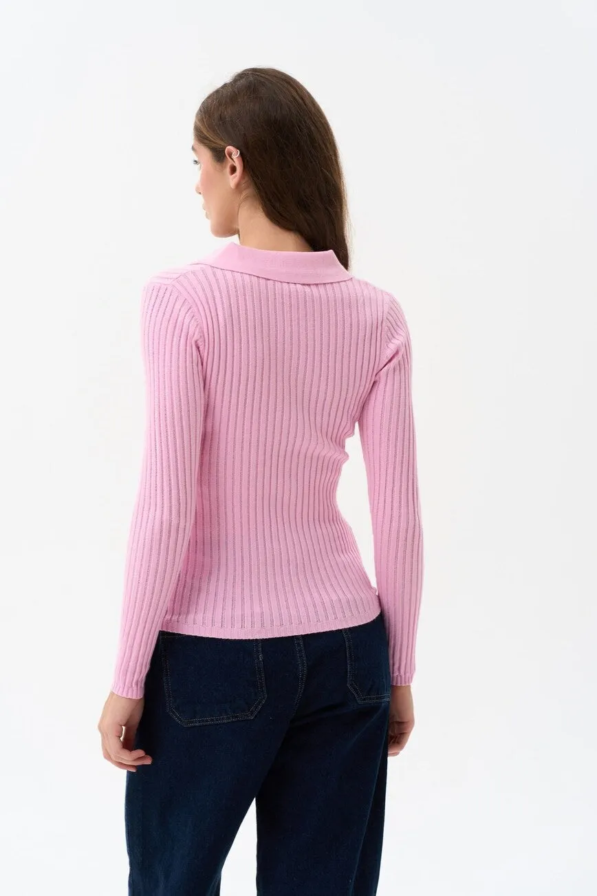 Pink Polo Collar Long Sleeve