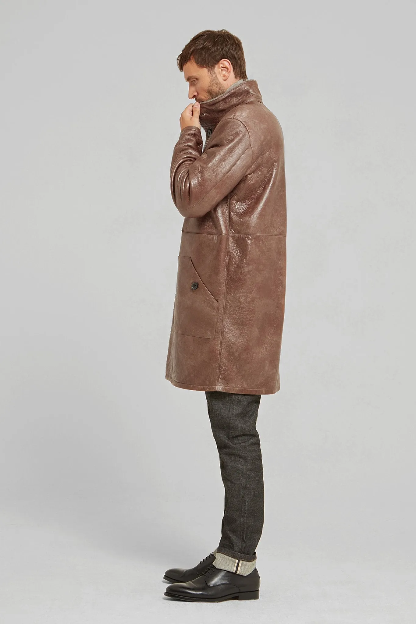 Polished Leather and Shearling Coat