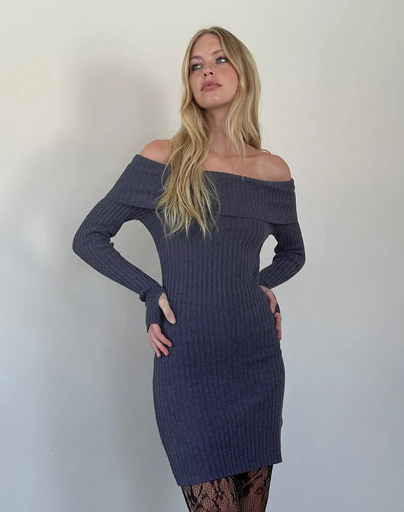 Queeva Knitted Bardot Mini Dress in Dark Charcoal