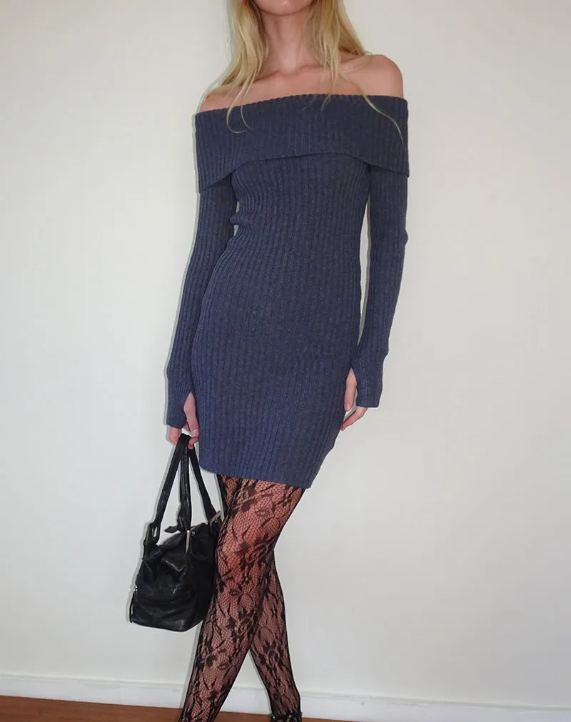 Queeva Knitted Bardot Mini Dress in Dark Charcoal