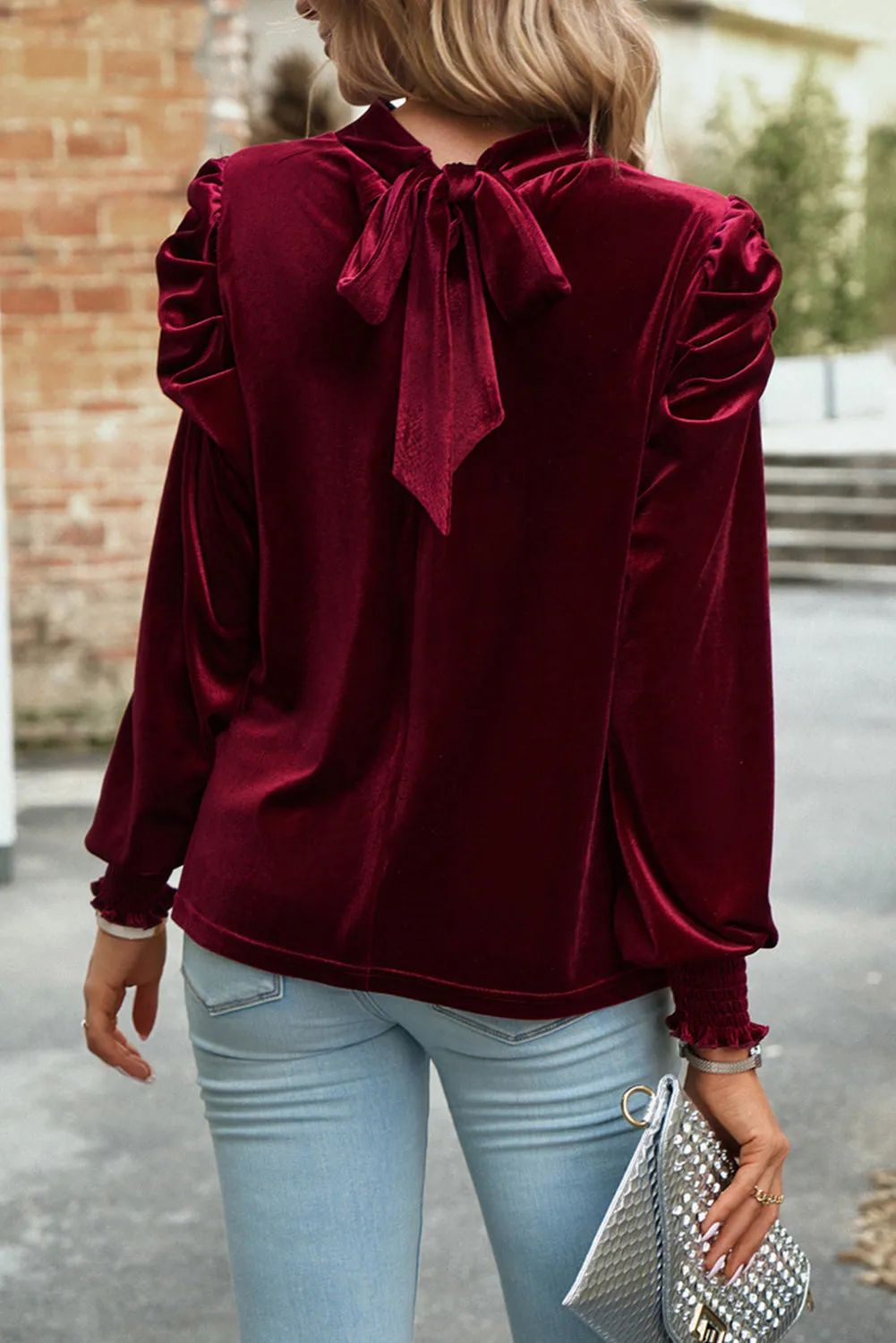 Red Mock Neck Puff Sleeve Velvet Blouse