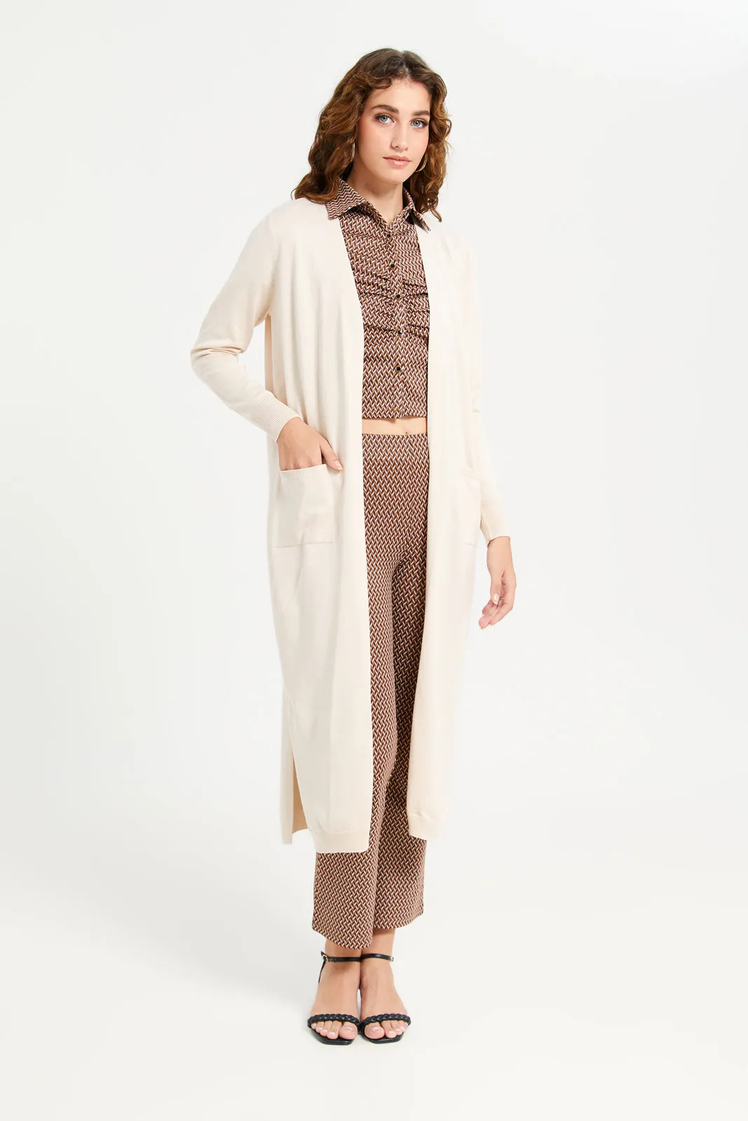 Women Ivory Longline Open-Front Cardigan