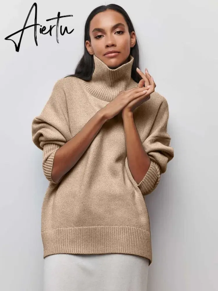 Women Turtleneck Sweater Autumn Winter Solid Elegant Thick Warm Long Sleeve Knitted Pullovers Ladies Casual Basic Jumpers Tops