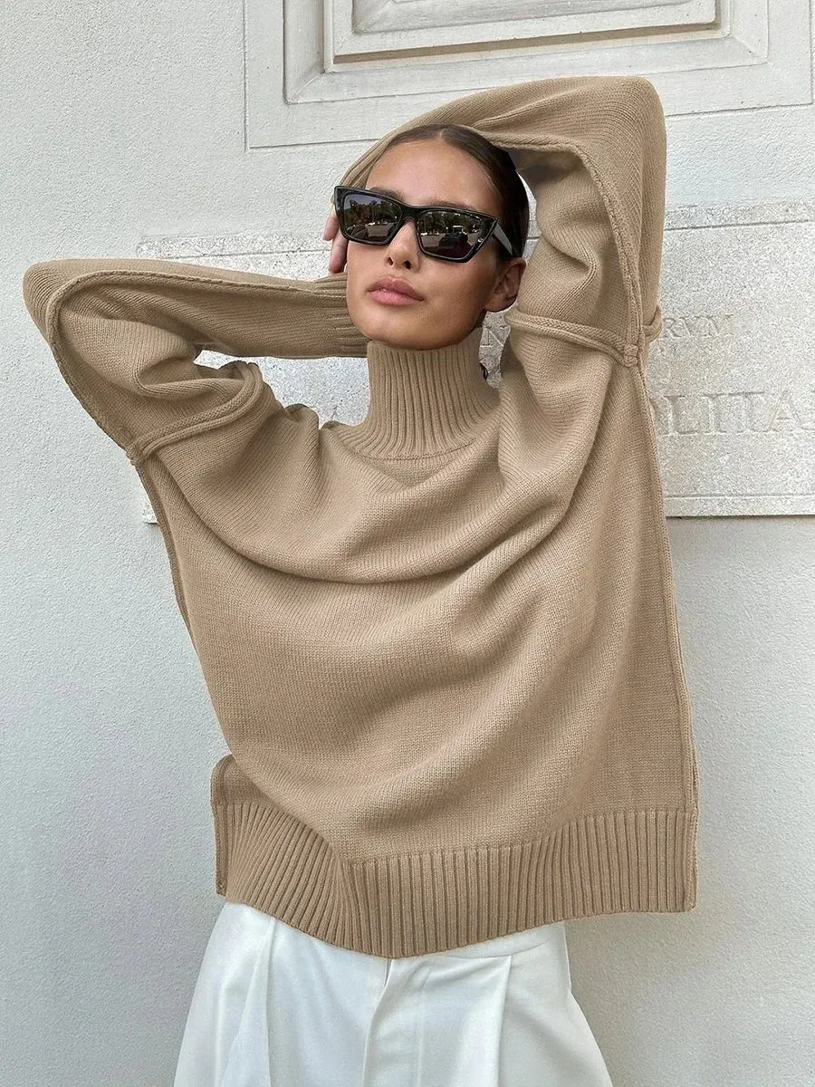 Women's Solid Color Fashion Knitted Turtleneck Sweater Autumn Winter Thick Loose Casual Pullovers Female Warm Sweater