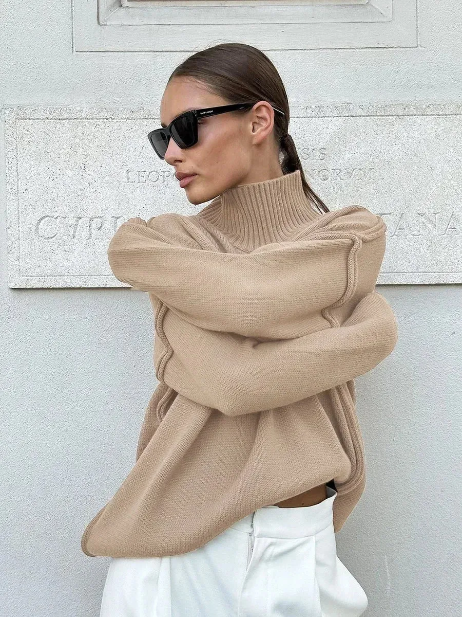 Women's Solid Color Fashion Knitted Turtleneck Sweater Autumn Winter Thick Loose Casual Pullovers Female Warm Sweater