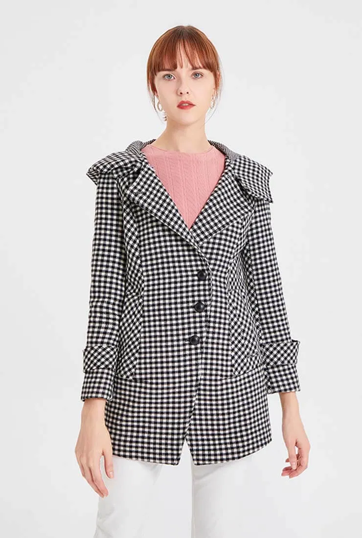 Wool Blend Lapel Collar Plaid Short Coat