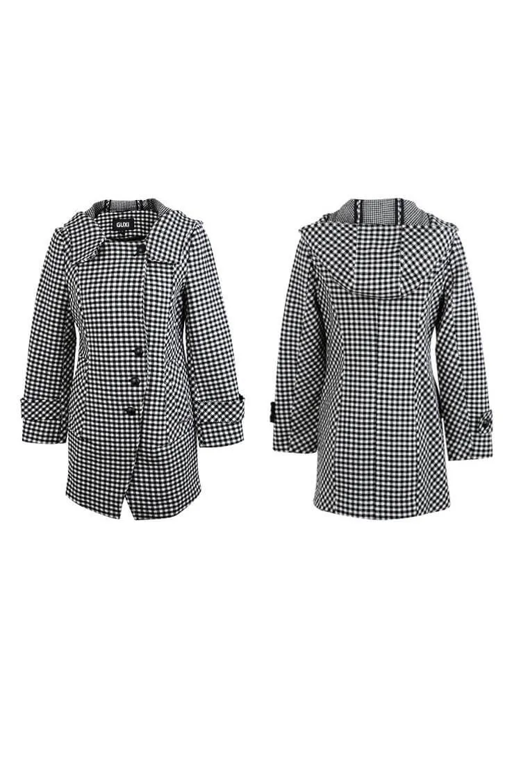 Wool Blend Lapel Collar Plaid Short Coat