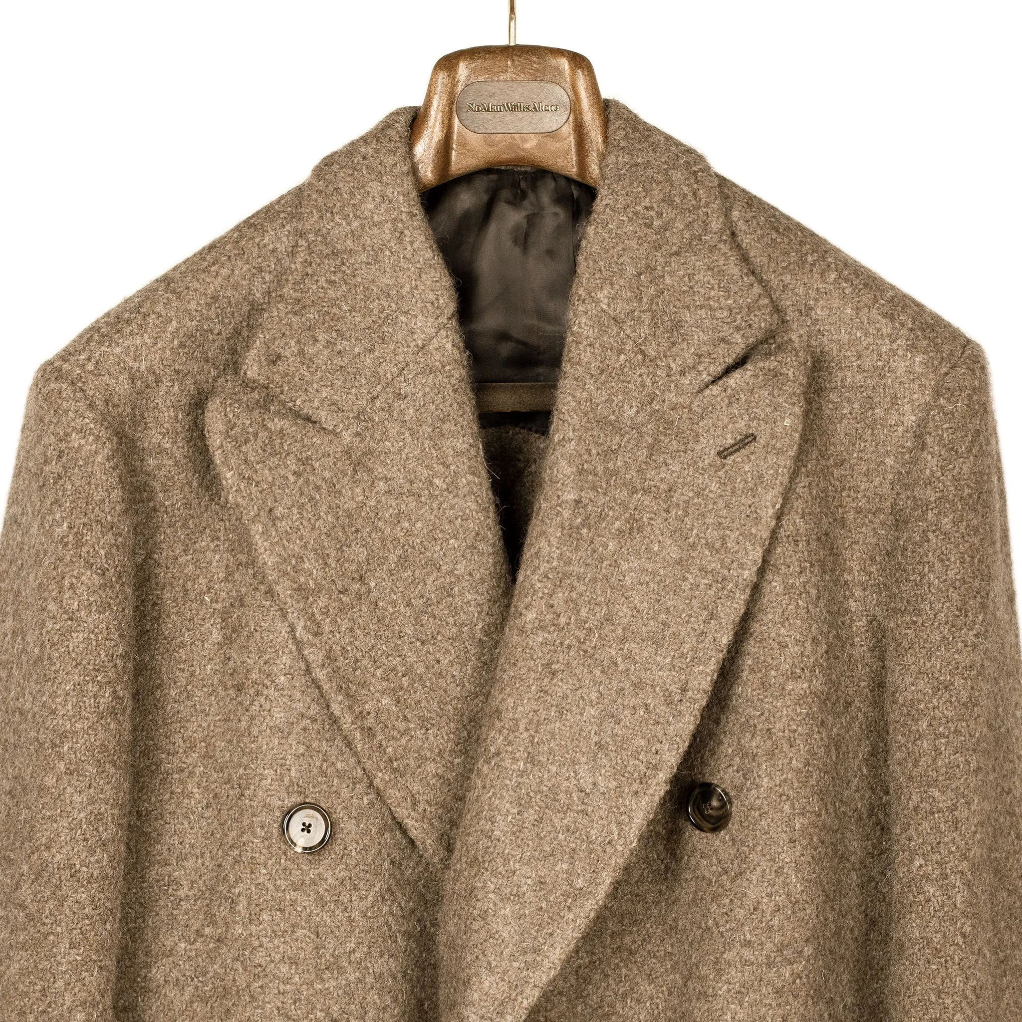 x Sartoria Carrara: Ulster double-breasted coat in camel color hopsack undyed wool