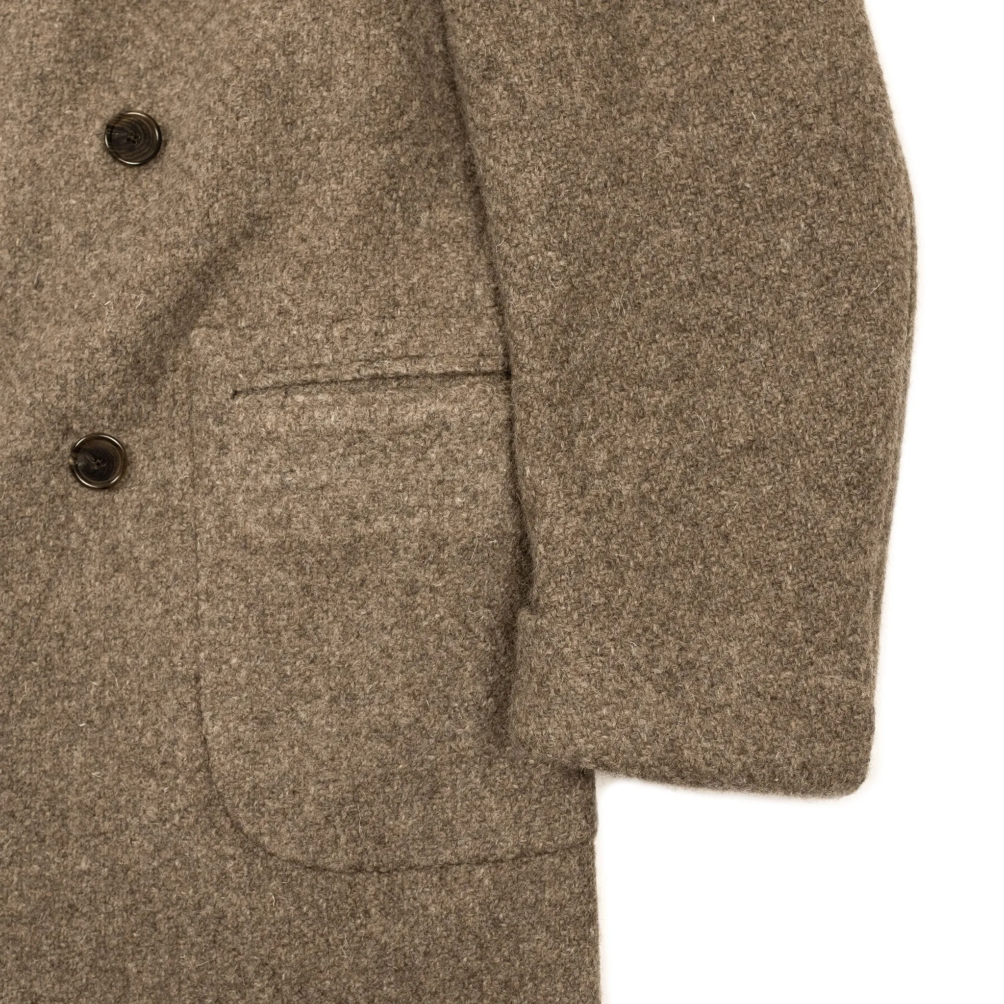 x Sartoria Carrara: Ulster double-breasted coat in camel color hopsack undyed wool