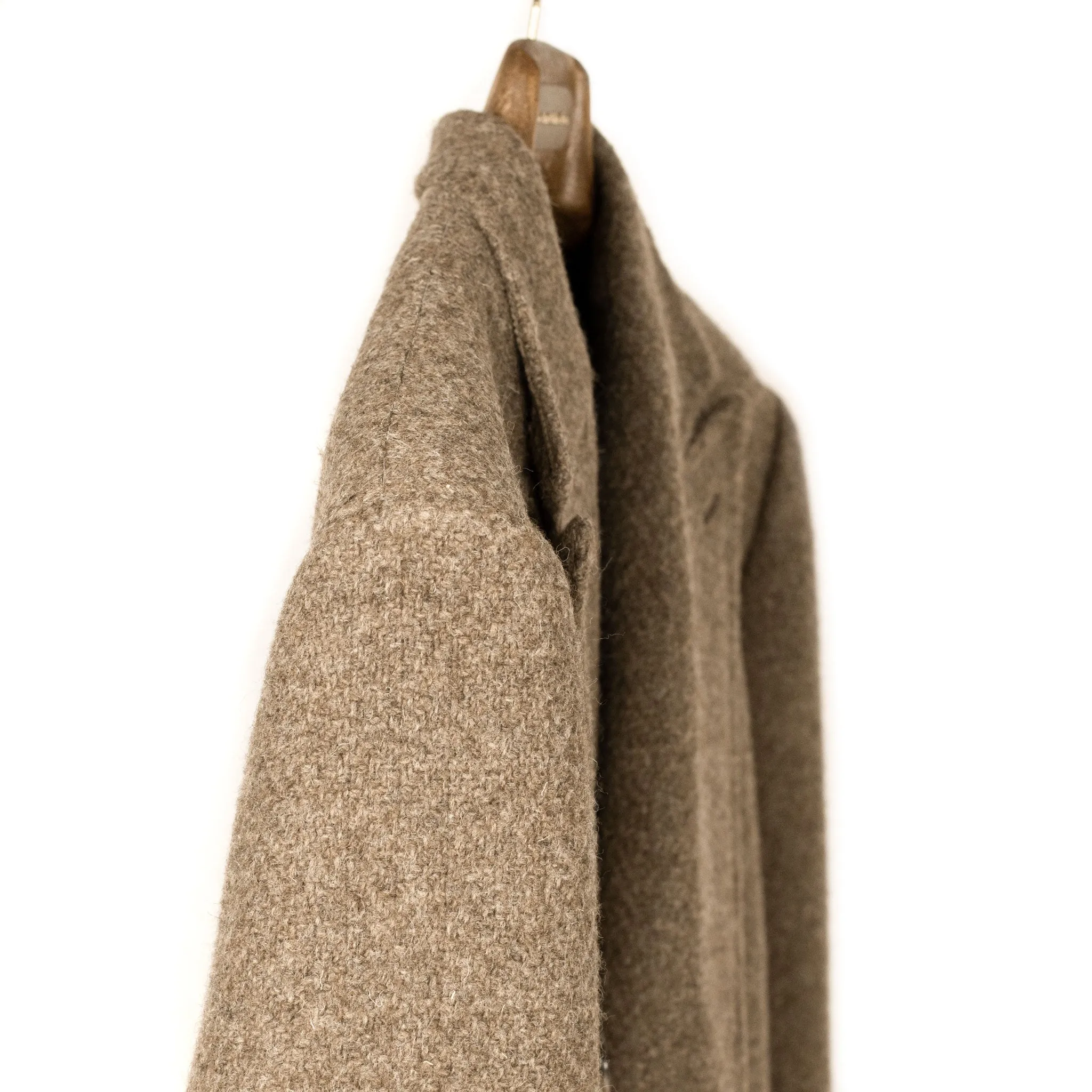 x Sartoria Carrara: Ulster double-breasted coat in camel color hopsack undyed wool