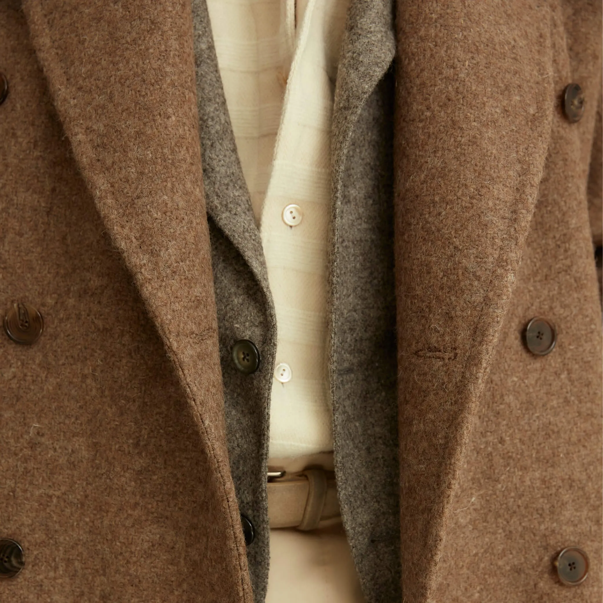 x Sartoria Carrara: Ulster double-breasted coat in camel color hopsack undyed wool